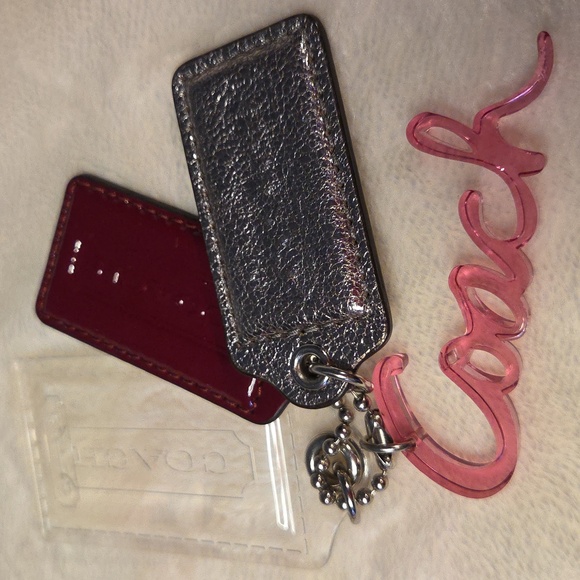 Coach 4pcs. Hang Tag Set Of PVC Logo And Clear Tag + Silver And Burgundy Leather - Picture 2 of 7